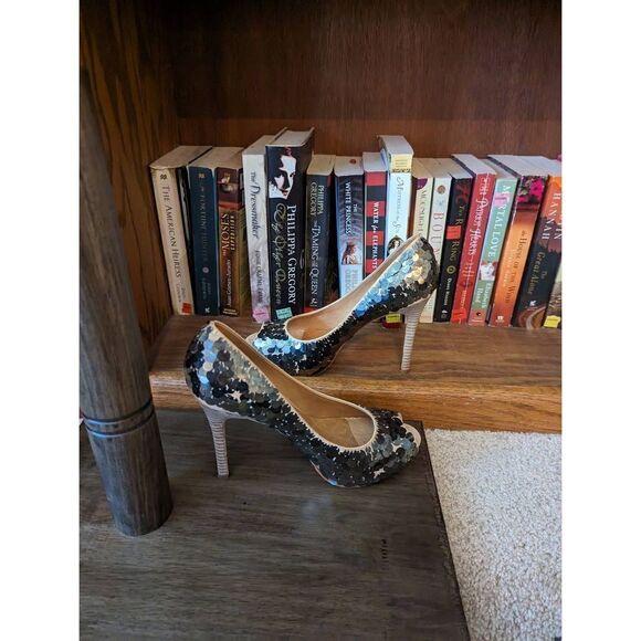 l.a.m.b. peeptoe tan leather silver sequin stilleto sz 7.5 excellent condition - Picture 4 of 6